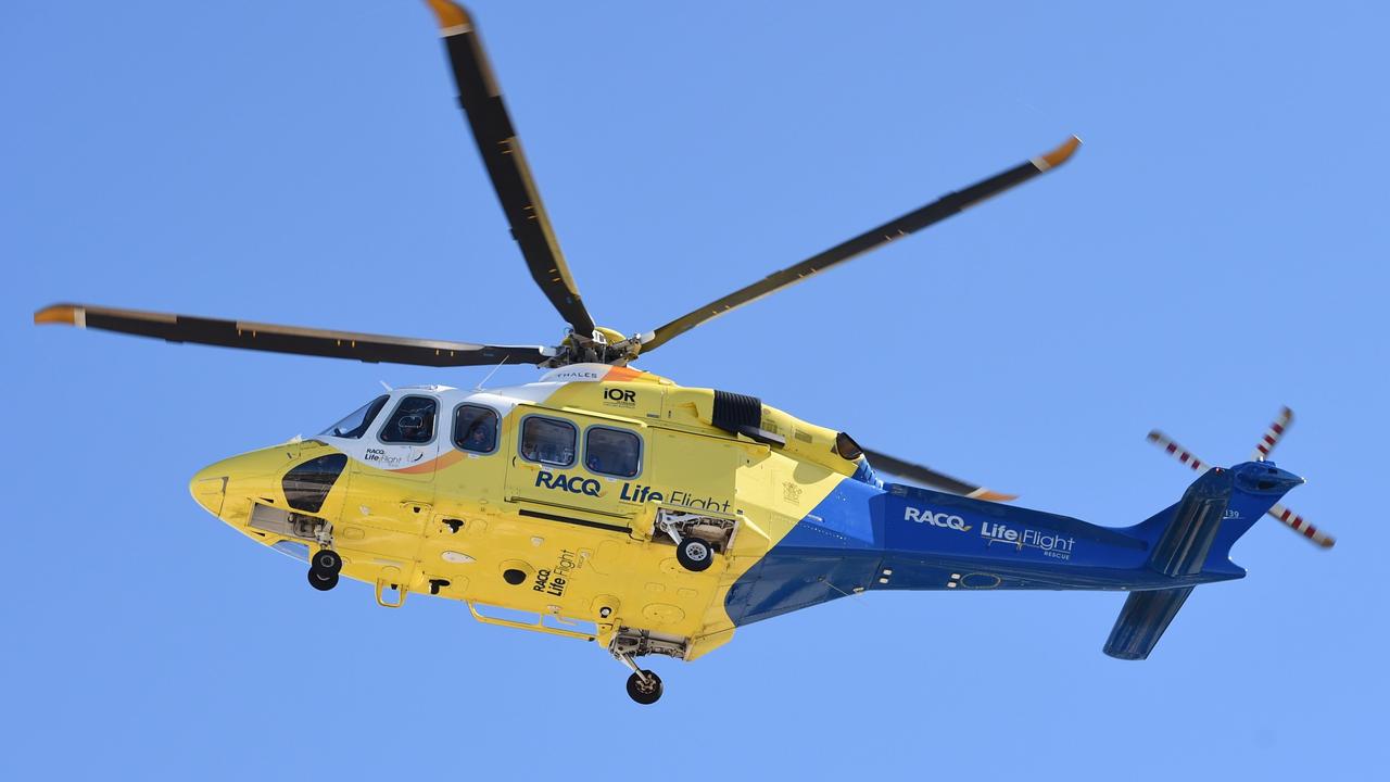 The RACQ LifeFlight helicopter has flown a man to hospital after he fell on a piece of metal.