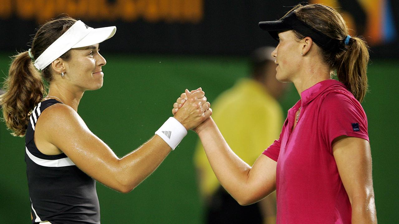 Swiss legend Martina Hingis (left) was central to some significant moments in Sam Stosur’s career.