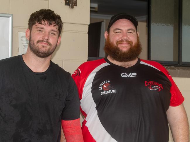 Jimmi Thompson and Wayne Swensson (R) at Mackay Gridiron vs. Townsville Cyclones at West Tiger Park Walkerston. Saturday 20 January 2024 Picture:Michaela Harlow