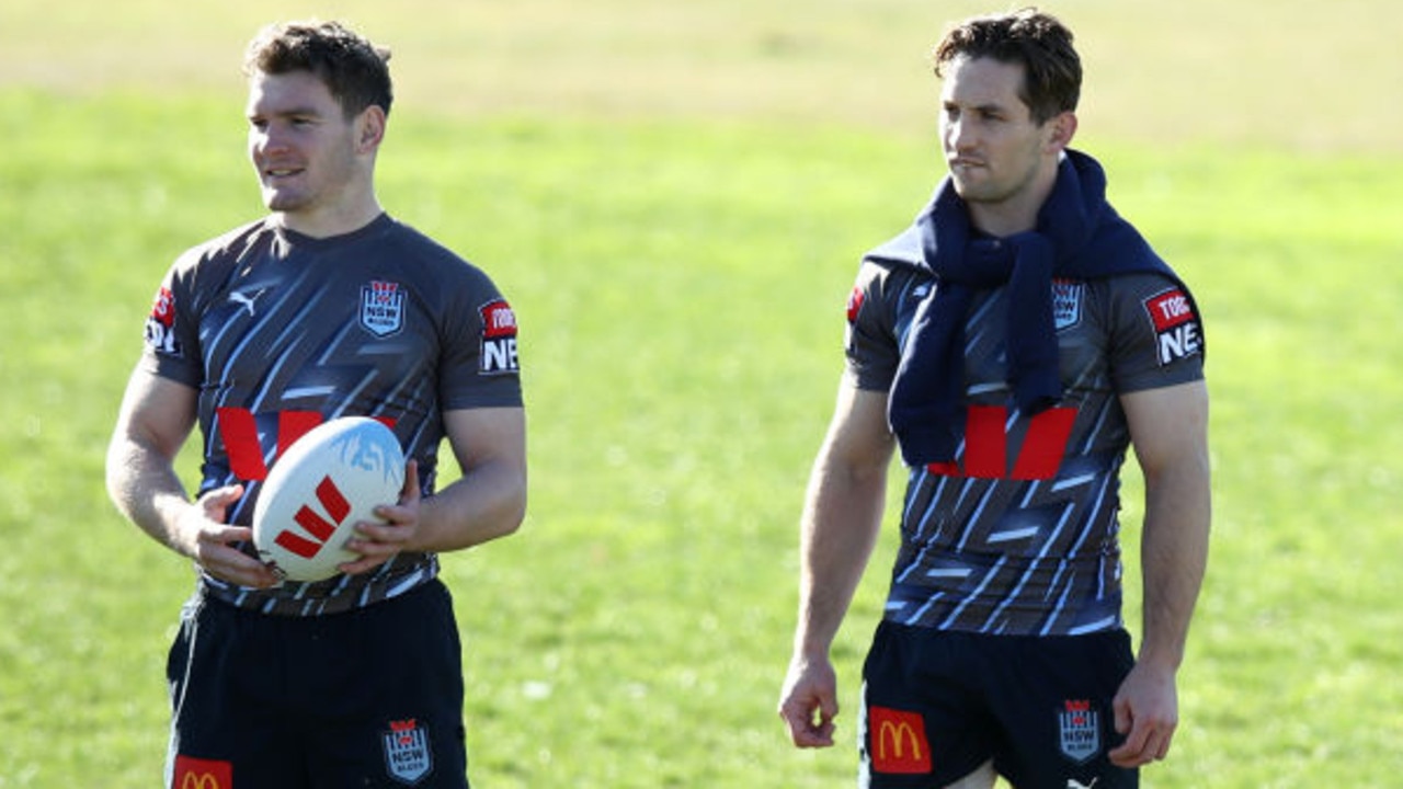 SYDNEY, AUSTRALIA - JUNE 14: (L-R) Liam Martin, Cameron Murray and Latrell Mitchell of the Blues look on during a New South Wales Blues State of Origin training session at Coogee Oval on June 14, 2023 in Sydney, Australia. (Photo by Jason McCawley/Getty Images)