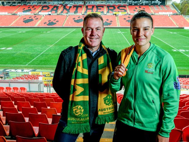 Westfield Matildas' Head Coach Alen Stajcic (left) and Westfield Matildas' Chloe Logarzo are seen at an announcement event in Sydney, Monday, September 3, 2018. Football Federation Australia (FFA) today announced that the Westfield Matildas will face Chile this November in the 'Seven Consulting International Series' at Panthers Stadium. (AAP Image/Brendan Esposito) NO ARCHIVING