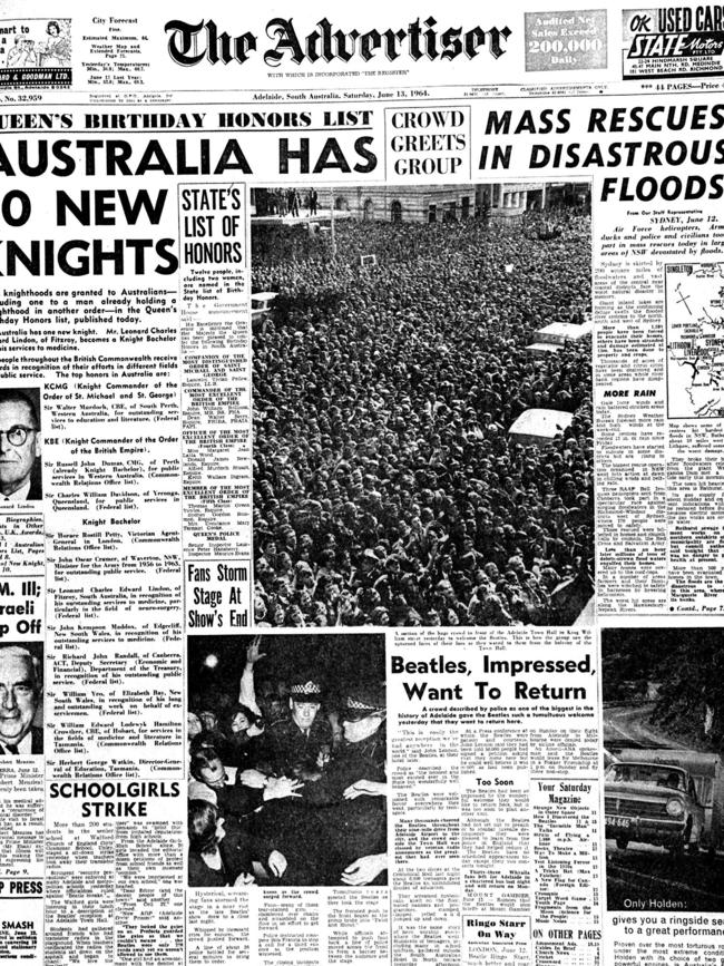 “Advertiser” front page 13 Jun 1964 announcing arrival of rock band Beatles in Adelaide. 1960s one Picture: Supplied