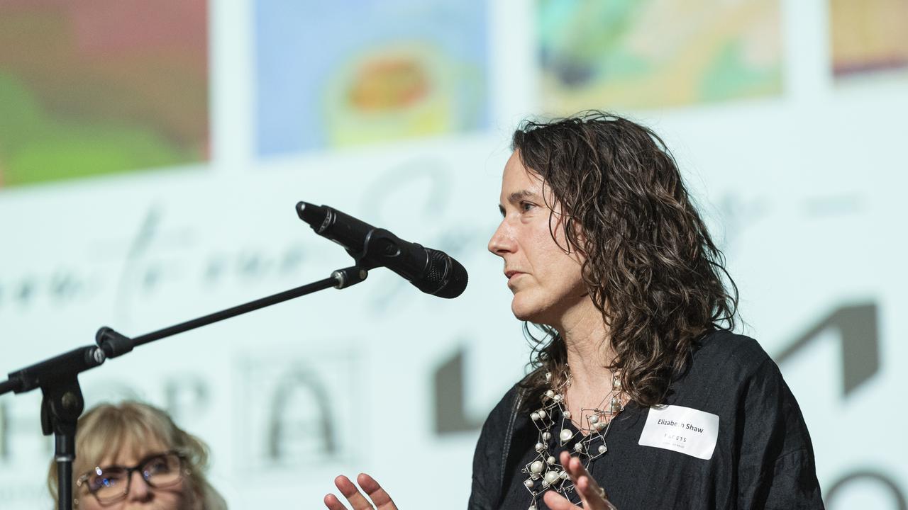 Guest judge Dr Elizabeth Shaw of Griffith University speaking at the Fairholme Open Art Prize FACETS exhibition opening, Friday, May 10, 2024. Picture: Kevin Farmer