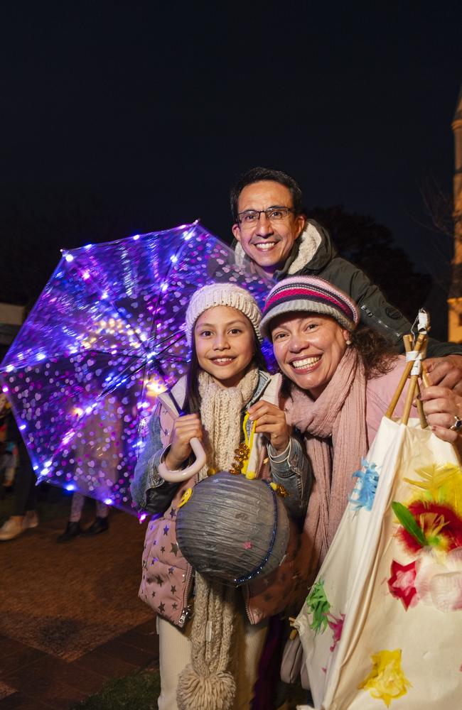 Andres Corso and Yira Cortes with their daughter Zury Corso-Cortes with their lanterns for the parade at Luminous in the Regions hosted by Multicultural Australia at The Empire precinct, Saturday, August 10, 2024. Picture: Kevin Farmer