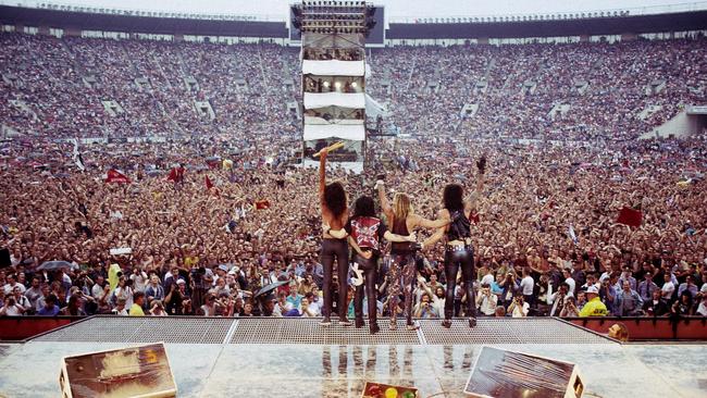 Motley Crue after a stadium performance in 1989. Picture: Mark Weiss