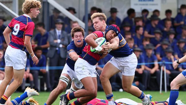 Action from the GPS rugby round 1 match between Churchie and Brisbane State High. Picture: Tertius Pickard