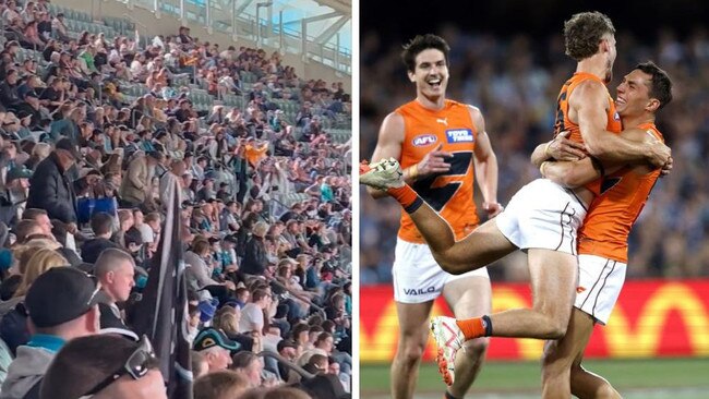 Port fans walk out (left) as GWS romped to victory. Photos: X and News Corporation