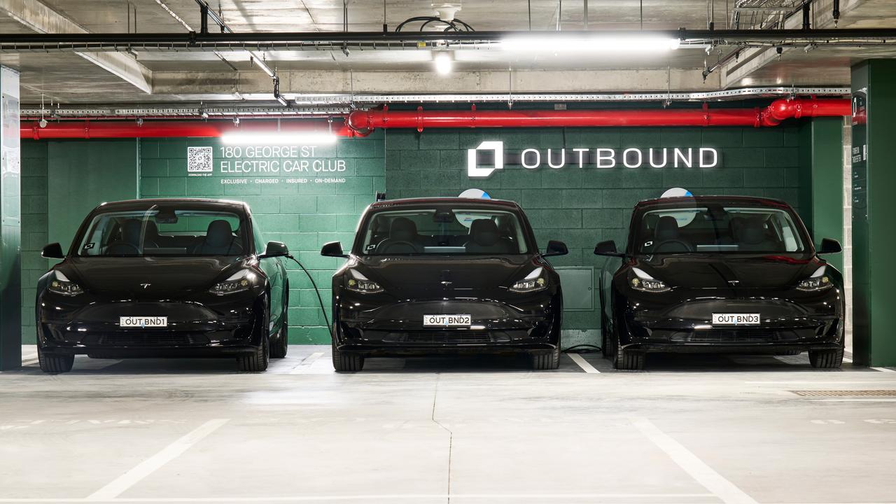 The fleet of Tesla Model 3s at the Salesforce Tower. Picture: Outbound.