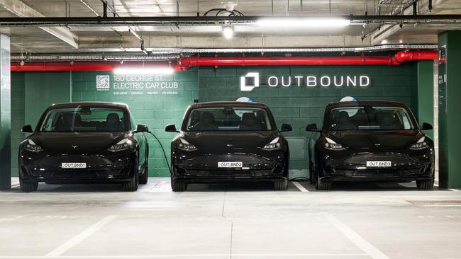 The fleet of Tesla Model 3s at the Salesforce Tower. Picture: Outbound.