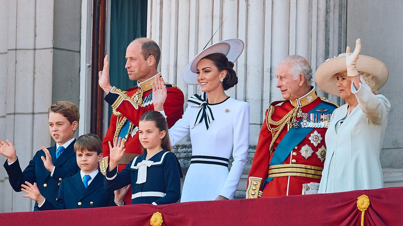 (L-R) Prince George of Wales, Britain's Prince William, Prince of Wales, Britain's Prince Louis of Wales, Britain's Princess Charlotte of Wales, Britain's Catherine, Princess of Wales, Britain's King Charles III and Britain's Queen Camilla wave on the balcony of Buckingham Palace. Picture: Benjamin Cremel / AFP.