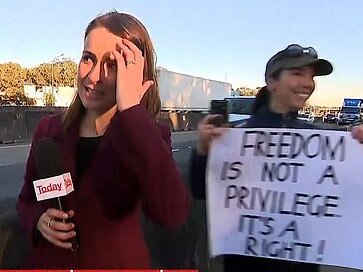 An anti-lockdown protestor being interviewed by Today's Jessica Millward calls the media 'fake news' at Monday's truck protest.