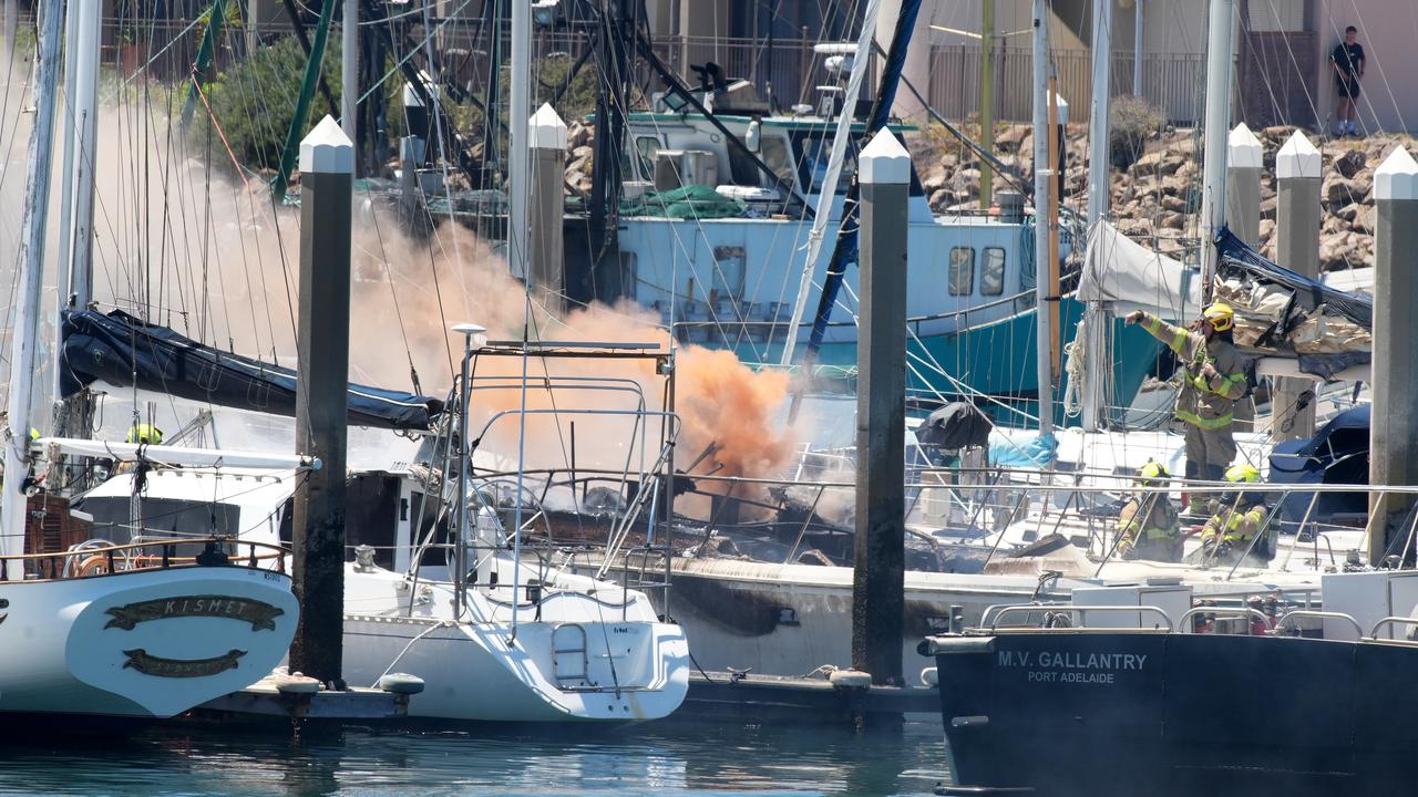 A yacht destroyed by fire while moored near the Sail Master Tavern at North Haven. Picture: Dean Martin