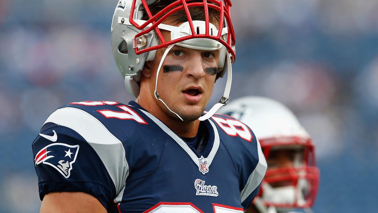 FOXBORO, MA - SEPTEMBER 21: Rob Gronkowski #87 of the New England Patriots warms up during pre-game before playing the Oakland Raiders at Gillette Stadium on September 21, 2014 in Foxboro, Massachusetts. (Photo by Jim Rogash/Getty Images)