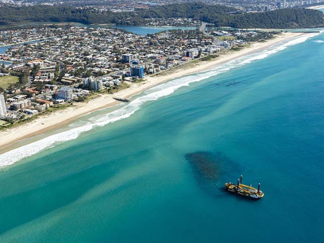 An aerial photo of construction of the artificial reef off Palm Beach. Picture: Gold Coast City Council