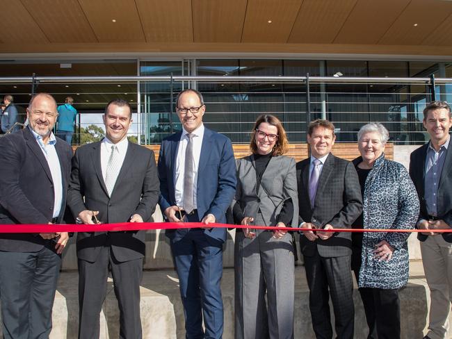 Next Generation general manager Stephen Wishart, Tennis SA chief executive Steven Baldas, sports minister Corey Wingard, senator Anne Ruston, Tennis SA president Kent Thiele, tennis great Todd Woodbridge. Picture: Peter Mundy