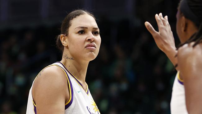 SEATTLE, WASHINGTON - MAY 20: Liz Cambage #1 and Nneka Ogwumike #30 of the Los Angeles Sparks react against the Seattle Storm during the second half at Climate Pledge Arena on May 20, 2022 in Seattle, Washington. NOTE TO USER: User expressly acknowledges and agrees that, by downloading and or using this photograph, User is consenting to the terms and conditions of the Getty Images License Agreement. (Photo by Steph Chambers/Getty Images)