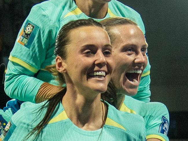 MELBOURNE, AUSTRALIA - JULY 31: Hayley Raso of Australia celebrates her 2nd goal during the FIFA Women's World Cup Australia & New Zealand 2023 Group B match between Canada and Australia at Melbourne Rectangular Stadium on July 31, 2023 in Melbourne, Australia. (Photo by Will Murray/Getty Images)