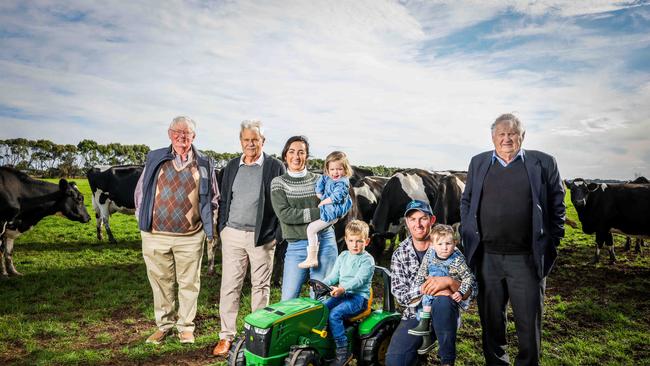 Ian Morris, Gary Sampson, John Dahlsen are touring south-west Victoria regarding their plan to improve the dairy sector. Maddie and Todd Leddin hosted them on their Toolong dairy farm, with their children Darcy (on tractor), Hamish and Violet. Picture- Nicole Cleary