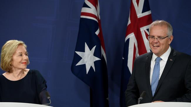 Prime Minister Scott Morrison and ABC Chair Designate Ita Buttrose take questions from media during a press conference in Sydney, Thursday, February 28, 2019. AAP Image/Dan Himbrechts.