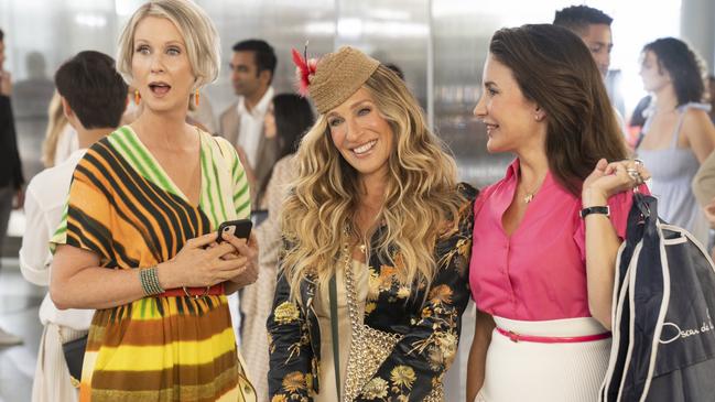 The terrific trio - Miranda (Cynthia Nixon), Carrie (Sarah Jessica Parker) and Charlotte (Kristin Davis) were a little like caricatures in the opening minutes of And Just Like That, nut at least we could ogle their fashion. Picture: HBO/Binge