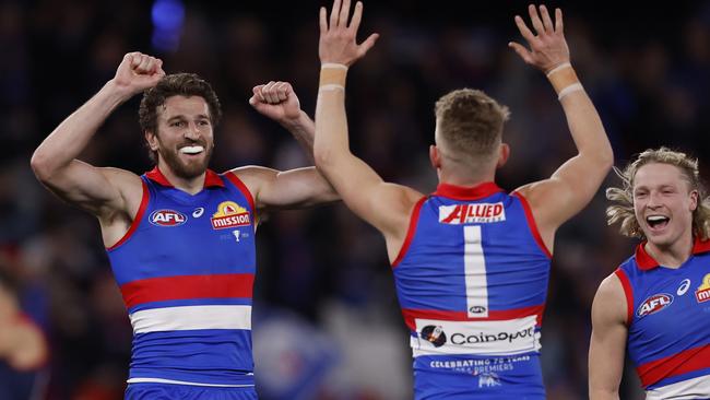 MELBOURNE, AUSTRALIA - AUGUST 02:  Marcus Bontempelli of the Bulldogs celebrates a goal during the round 21 AFL match between Footscray Football Club and Melbourne Demons at Marvel Stadium, on August 02, 2024, in Melbourne, Australia. (Photo by Darrian Traynor/Getty Images)