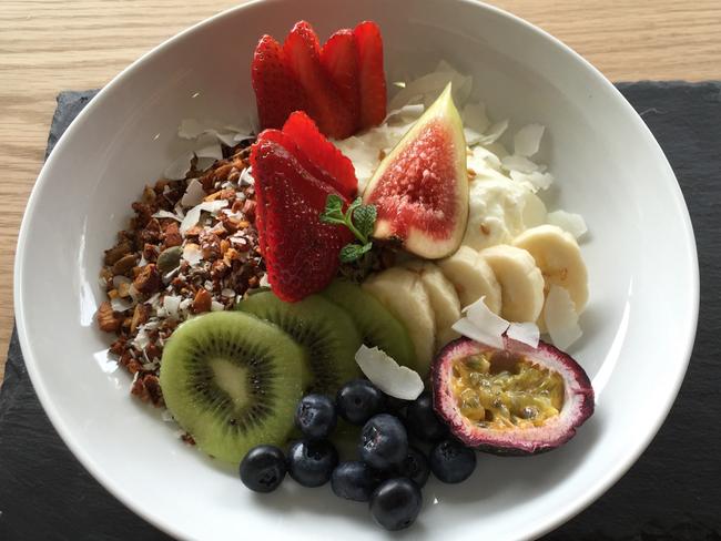 Muesli and fruit bowl at Canvas Cafe and Pressed Juice Bar.