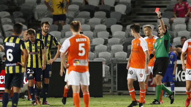Wout Brama of the Mariners receives a red card. (AAP Image/Darren Pateman)
