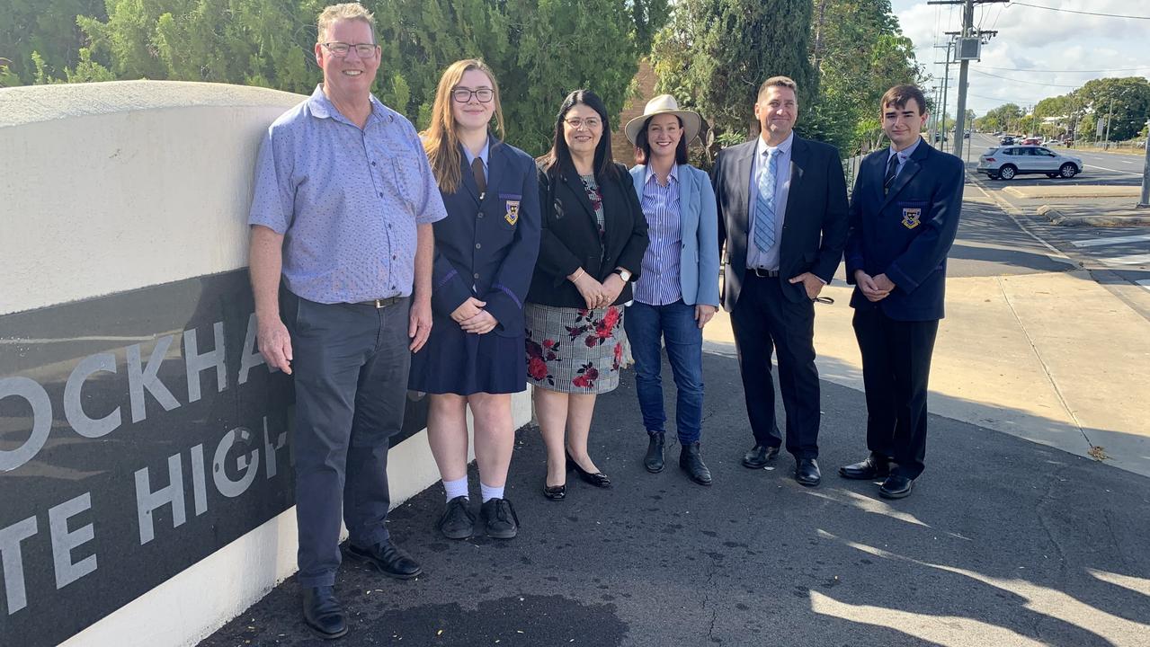 Rockhampton MP Barry O'Rourke, education minister Grace Grace, assistant education minister and Keppel MP Brittany Lauga, Rockhampton State High School deputy principal Barry Jenkins.