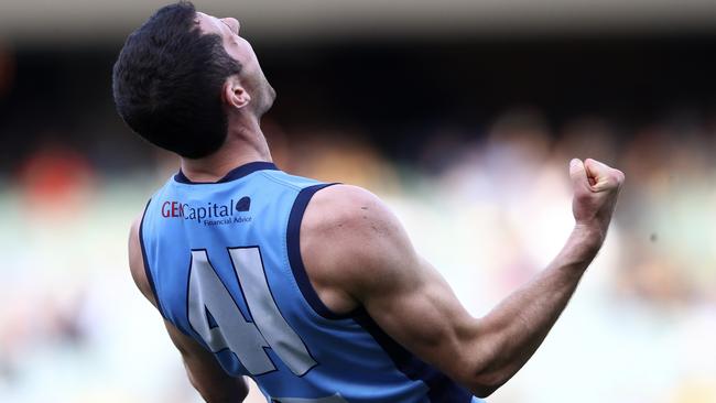 Sturt’s Matthew Crocker celebrates on the siren. Picture: SARAH REED