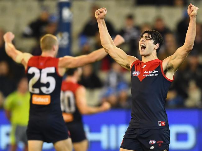 MELBOURNE, AUSTRALIA - JUNE 12:  Tom McDonald and Christian Petracca of the Demons celebrate winning the round 12 AFL match between the Melbourne Demons and the Collingwood Magpies at Melbourne Cricket Ground on June 12, 2017 in Melbourne, Australia.  (Photo by Quinn Rooney/Getty Images)