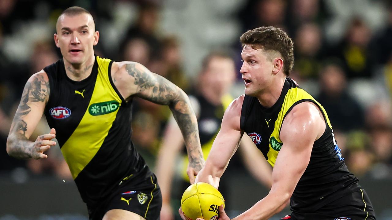 Big earning Tigers Dustin Martin and Jacob Hopper. Picture: Dylan Burns/AFL Photos via Getty Images