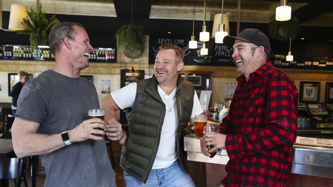 Aaron Vaughan, Joe Sidoti and Duncan Ashman enjoy low-alcohol beer at Bar Cleveland, Surry Hills. Picture: Justin Lloyd