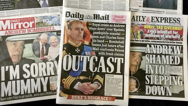 Front-pages of British newspapers headlining the scandal surrounding Britain's Prince Andrew.