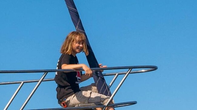 Greta Thunberg on the prow of the ship Madleen as it left Italian waters. Picture: Supplied.