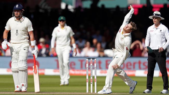 Steve Smith bowls; he’s never out of the game. Picture: AFP.