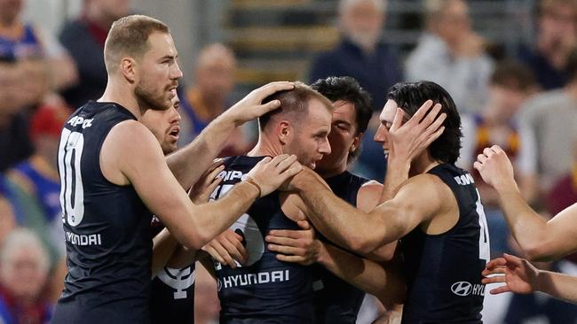 BRISBANE, AUSTRALIA - SEPTEMBER 07: Sam Docherty of the Blues celebrates a goal during the 2024 AFL First Elimination Final match between the Brisbane Lions and the Carlton Blues at The Gabba on September 07, 2024 in Brisbane, Australia. (Photo by Russell Freeman/AFL Photos via Getty Images)