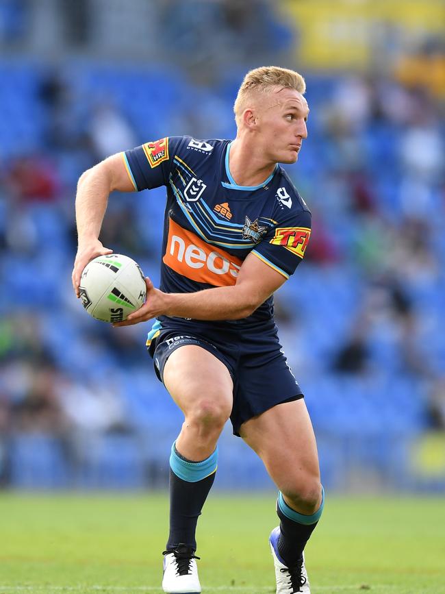 Tanah Boyd of the Titans passes the ball during the round 15 NRL match between the Gold Coast Titans and the Canberra Raiders at Cbus Super Stadium on August 22, 2020 in Gold Coast, Australia. (Photo by Matt Roberts/Getty Images)