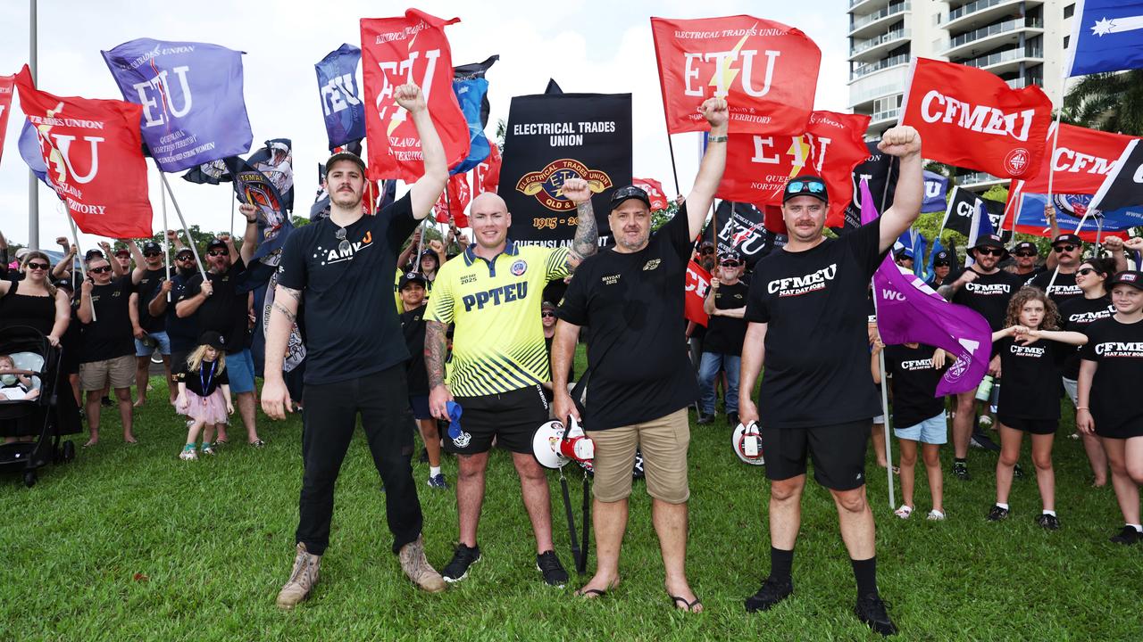 AMWU leader Ethan Marano, PPTEU leader Dan Gillett, ETU leader Rob Hill and CFMEU organiser Rolly Cummins unite together at the end of the annual Labour Day march in Cairns City. Picture: Brendan Radke