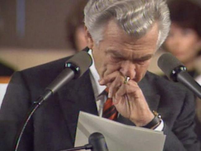 Then prime minister Bob Hawke is overcome with emotion speaking about the Tiananmen Square massacre in 1989.