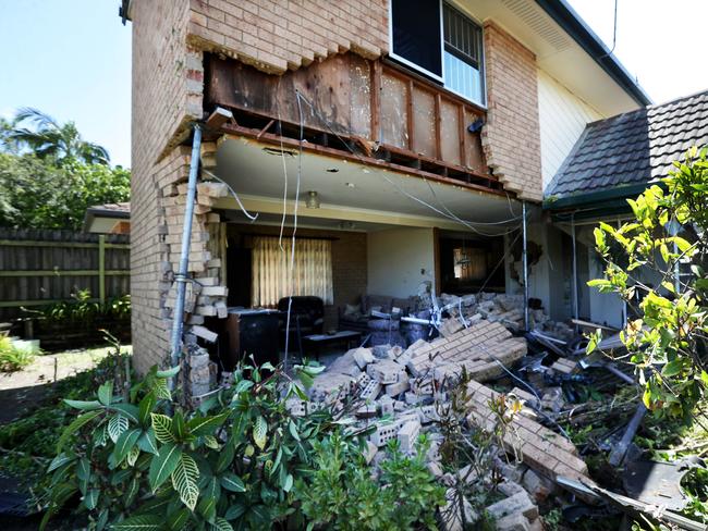 A home in Sunnybank Hills after an alleged stolen car left the roadway and collided with the house. Pictures: Tara Croser.