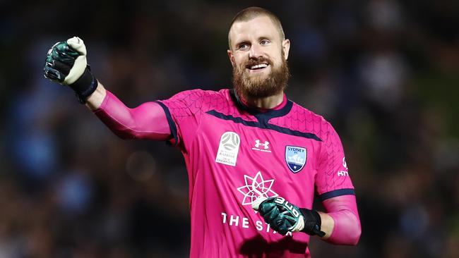 Sydney FC goalkeeper Andrew Redmayne celebrates Adam Le Fondre’s goal against Brisbane Roar earlier this month. Picture: Getty Images