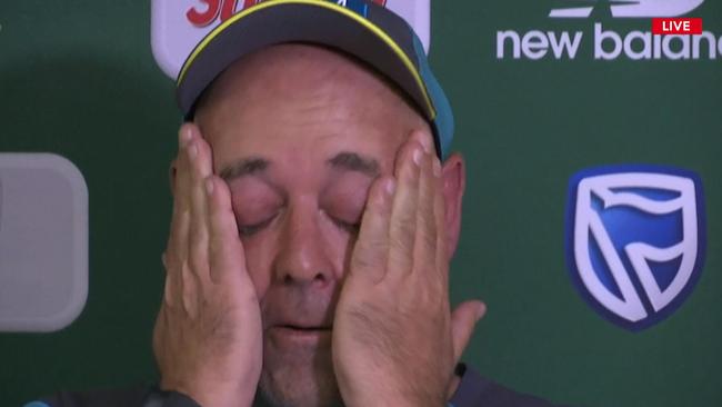 Darren Lehmann is overcome with emotion as he announnces his resignation.