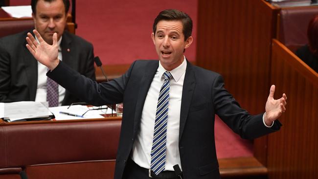 Minister for Education Simon Birmingham during Question Time in the Senate chamber in Canberra, Monday, March 19, 2018. (AAP Image/Mick Tsikas) NO ARCHIVING