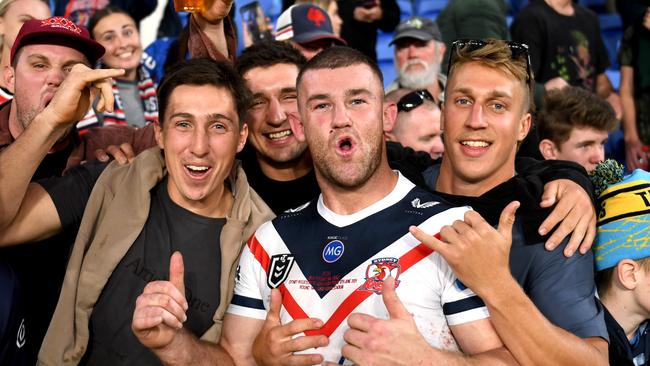 Sydney Roosters prop Ben Thomas celebrates with teammates. Picture: NRL Imagery