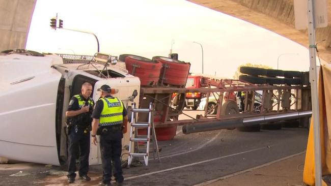 A truck has rolled on to its side at Wingfield. Picture: 7NEWS