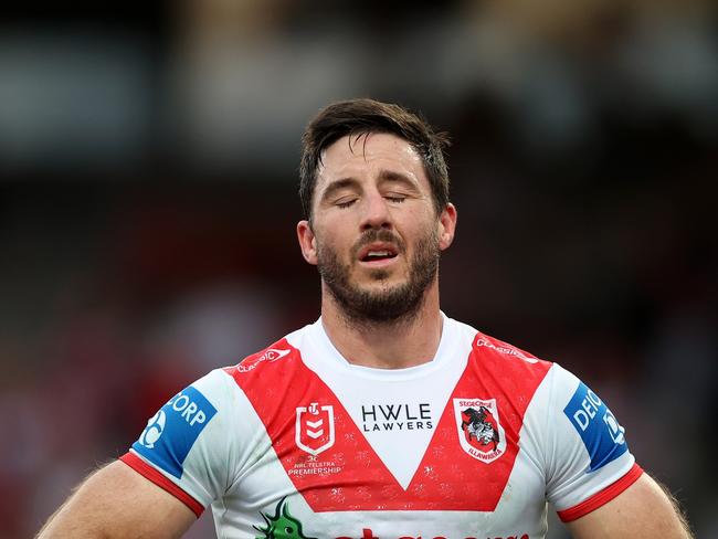 SYDNEY, AUSTRALIA - SEPTEMBER 07: Ben Hunt of the Dragons reacts during the round 27 NRL match between St George Illawarra Dragons and Canberra Raiders at Netstrata Jubilee Stadium, on September 07, 2024, in Sydney, Australia. (Photo by Mark Metcalfe/Getty Images)