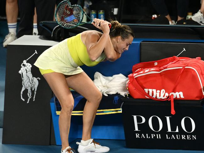 Aryna Sabalenka smashes her racquet after her defeat by Madison Keys. Picture: Quinn Rooney/Getty Images