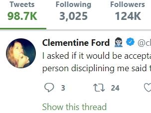 Australian feminist author and columnist Clementine Ford has come under fire for a series of Tweets deconstructing her departure from Fairfax in relation to an extremely aggressive Tweet against Prime Minister Malcolm Turnbull. Picture: Twitter