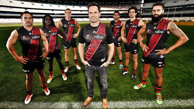Gavin Wanganeen models the guernsey he designed for the Dreamtime at the G blockbuster. Picture: Michael Klein