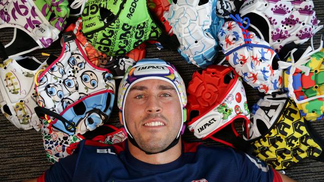 Ben Daley wearing “Head Gear for Charity”. Picture: Darren England